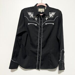 Roper Womens Pearl Snap Shirt Sz L Black Western Rodeo Ranch Embroidered Country